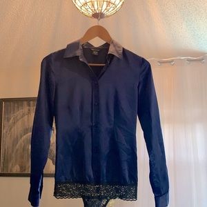 Navy Blue Bodycon Button-up Blouse with lace bottom. Silky feeling.